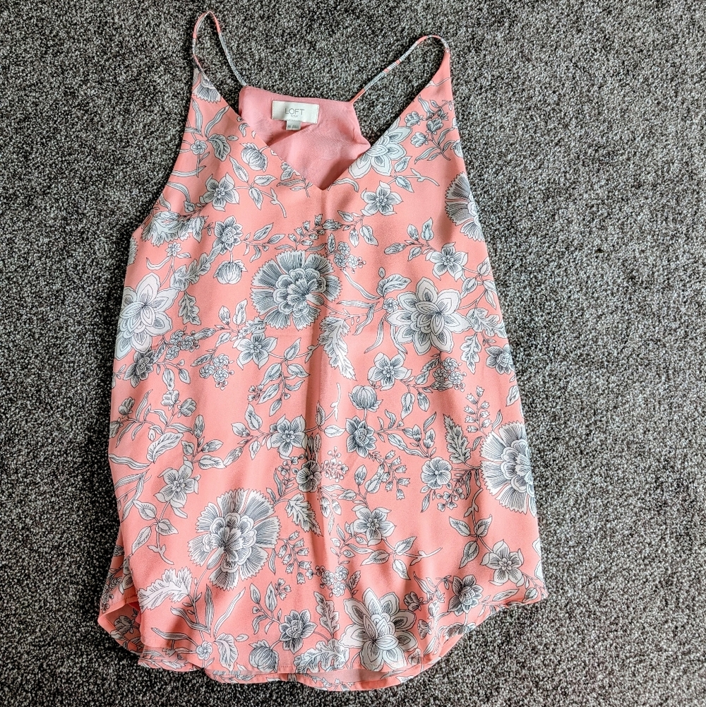 LOFT Pink & Gray Floral Strappy V-Neck Cami Top XS